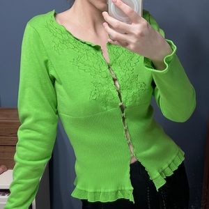 Green Y2K 2000s Green button up cardigan with floral embroidery